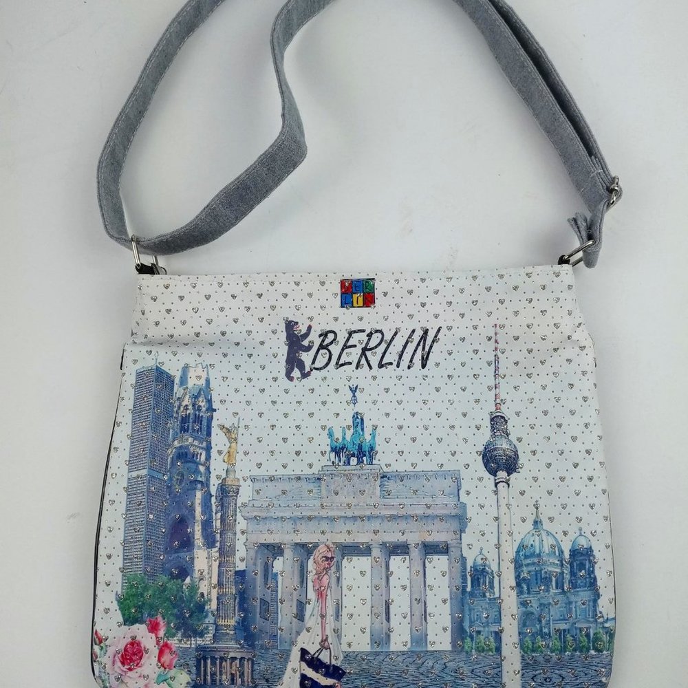 Women's BERLIN Fashion Graphic Handbag/Tote Adjustable Straps Light Blue Silver